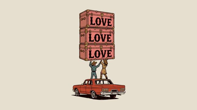 Retro western couple holding giant stack of pink love suitcases on top of a vintage red car, graphic illustration for t-shirt design and posters