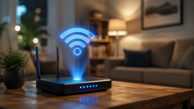 A wireless router with a glowing blue Wi-Fi symbol hologram, visualizing internet connection and advanced networking technology in a professional setting