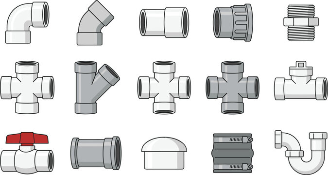 PVC Pipe Fittings and Plumbing Connectors Vector Icon Set with Elbows, Tees, Couplings, Valves, Threaded Adapters, and Drain Components