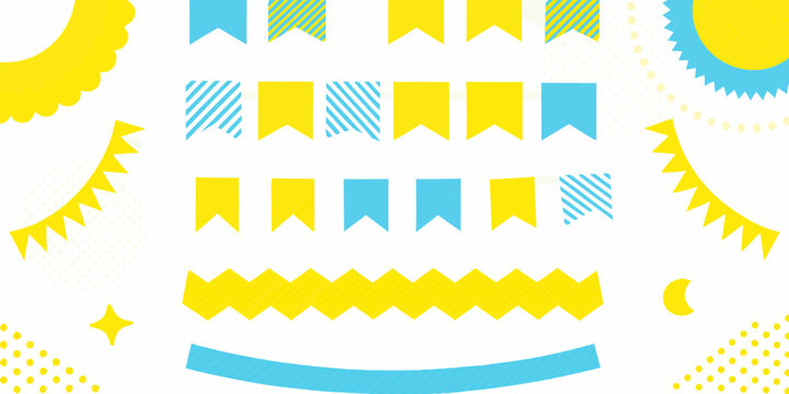 Blue And Yellow Pennant Banners With Zigzag And Curved Shapes Vector Illustration