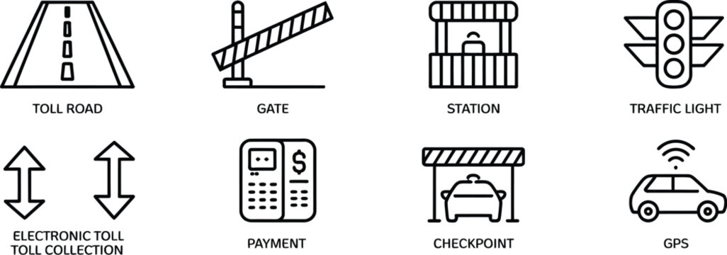 Highway Toll Icon vector illustration featuring editable stroke station gate traffic light electronic payment checkpoint road infrastructure and transportation symbols