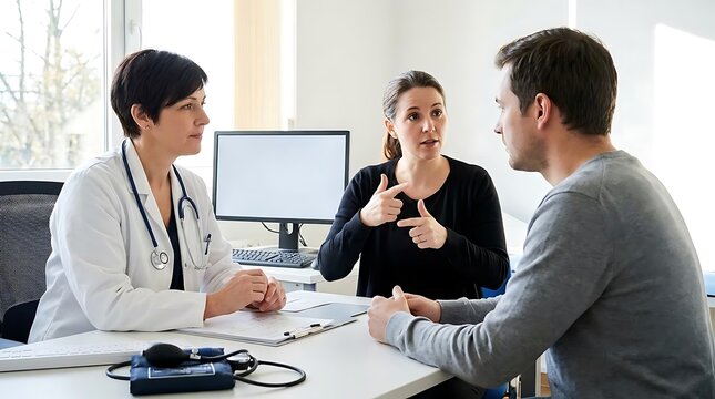Healthcare professional consulting with patient and interpreter in office setting
