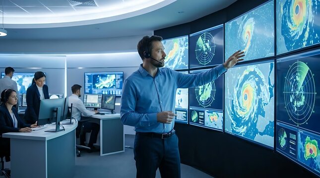 Man points at weather data displays in a control room environment