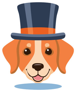 Adorable and happy cartoon dog character wearing a fancy blue top hat with an orange ribbon