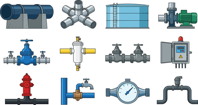 Water Supply Infrastructure Collection with Pipelines Pumps Storage Tanks Valves Hydrants Flow Meters and Utility Network Vector Elements