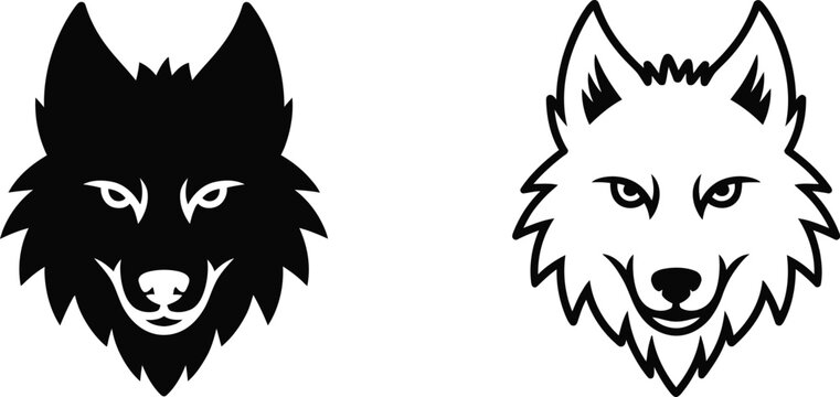 Wolf head icon set with solid black and outline wild predator wolf face animal symbol collection