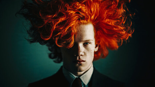 Jeune homme avec les cheveux roux longs et &eacute;bouriff&eacute;s