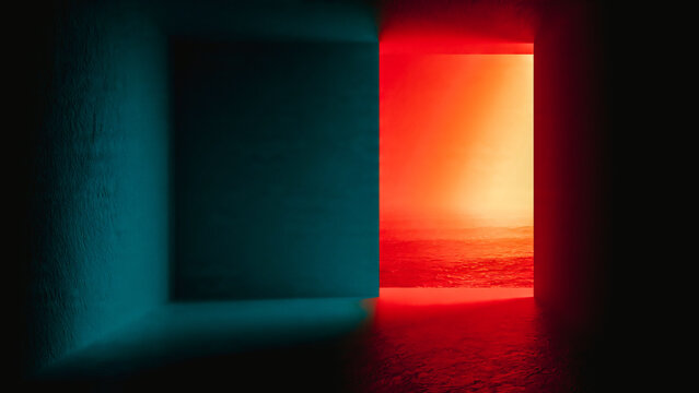 Pi&egrave;ce sombre avec ouverture vers une lumi&egrave;re rouge et jaune