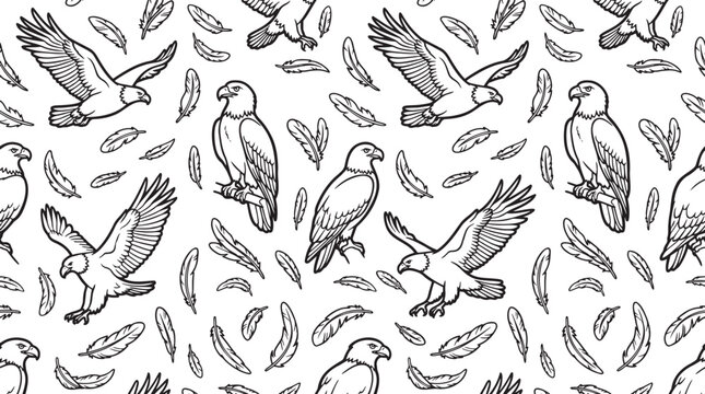 Hand Drawn Eagle Seamless Pattern with Feathers and Bird Doodles