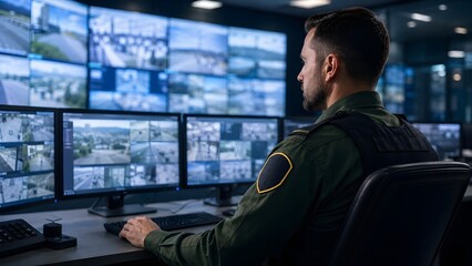 Fototapeta premium Modern Surveillance Camera Tower with Infrared Sensors on Border Fence