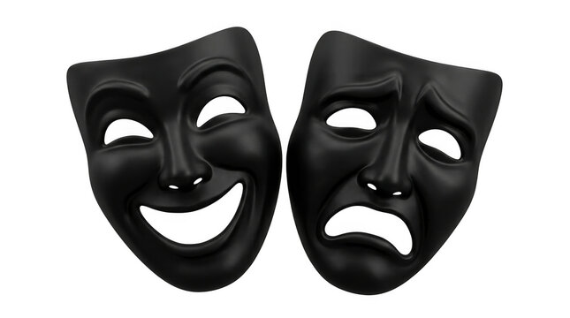 Two theatrical masks one smiling and one frowning representing comedy and tragedy isolated on transparent background
