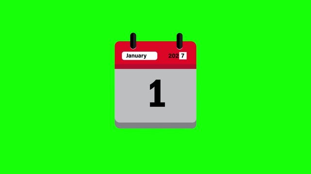 Calendar animation showing the transition from 2026 to 2027, "Happy New Year 2027," green background, 4K video.