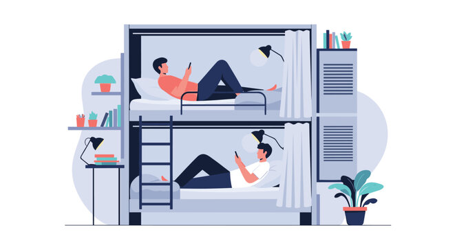 Two young men relax in a modern hostel bunk bed while scrolling on their smartphones and enjoying their travel time in a shared room setting.