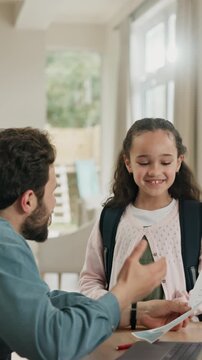Dad, child and home with high five for report card, good results or well done together. Father, kid or happy daughter with smile, paper or academic record for term, semester or success in house