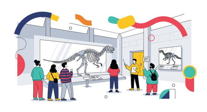 Group of museum visitors observes a large dinosaur skeleton exhibit while a professional guide points out interesting facts with a long rod.