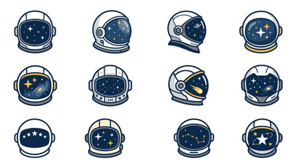 Collection of astronaut helmets with starry sky reflections. © Arto