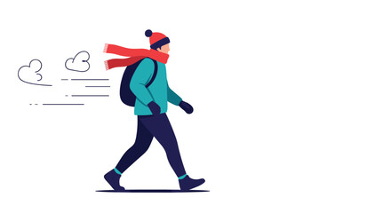 Fototapeta premium Person in winter clothing walking against strong wind with snow, representing cold weather challenges and outdoor endurance.