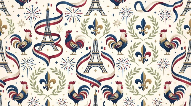 Elegant seamless French-inspired pattern featuring Eiffel Towers, Gallic roosters, fleur de lis, ribbons, and fireworks in a classic vintage style.