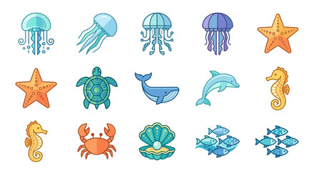 Collection of Cute Cartoon Marine Animals and Sea Creatures. © Arto