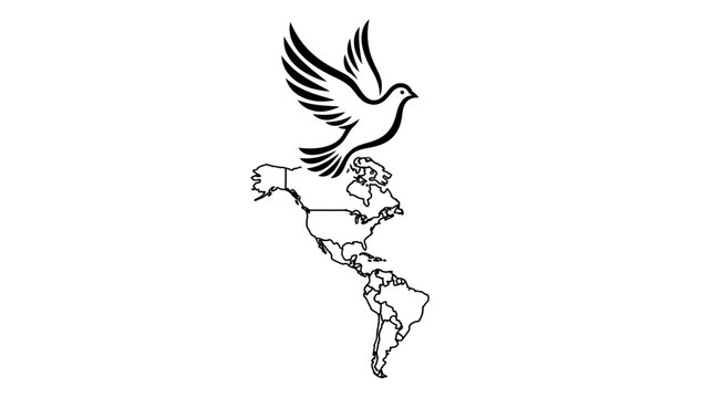 A dove flies over a black and white illustrated map of the Americas.