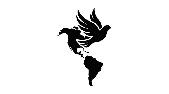 A dove flies over a map of North and South America in black silhouette on a white background.