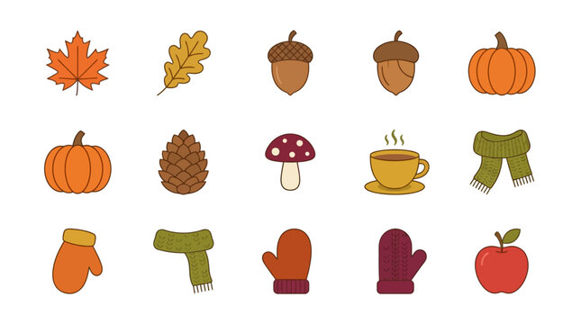 Collection of cute autumn and fall season icons including leaves, pumpkins, acorns, scarves, and mittens on a white background.