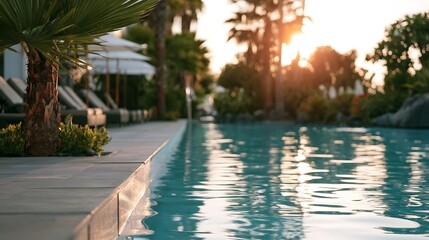 Fototapeta premium A serene swimming pool at sunset surrounded by palm trees and lounge chairs on a warm resort patio