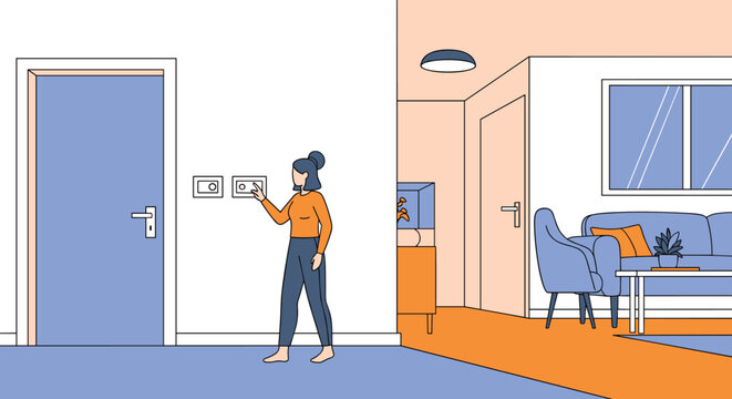 Woman is reaching out to press a light switch on the wall of a modern and stylishly decorated living room area.