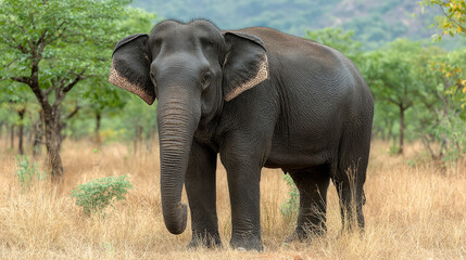 Fototapeta premium Majestic Indian Elephant Standing in a Dry Grassy Field with Trees.