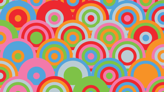 Retro psychedelic circle pattern vector, colorful geometric target background, vintage 70s style seamless concentric ring wallpaper for creative design