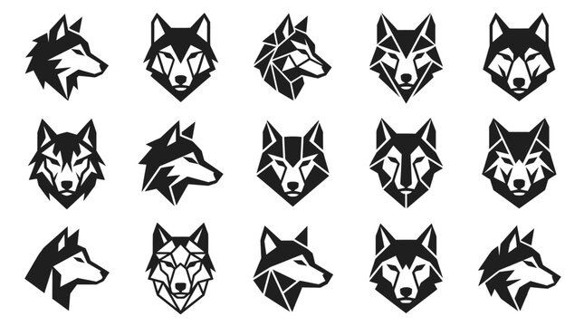 Collection of stylized wolf head illustrations in various geometric and silhouette designs.