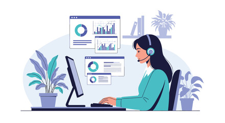 Fototapeta premium Professional female customer service representative wears a headset while working at a computer with data charts and plants.