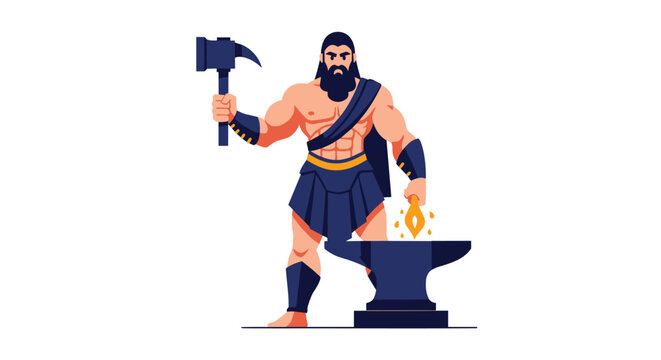 Powerful mythological blacksmith stands next to an anvil holding a large hammer and a piece of glowing hot forged metal.