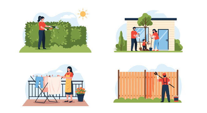 Collection of home maintenance scenes featuring gardening planting trees hanging laundry and painting fence in flat design.