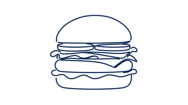 Blue outline stacked burger vector icon with minimalist illustration style, rounded bun, layered fillings and clean white space, great for dining apps, takeout labels, menu boards and cafe branding