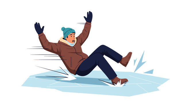 Man wearing winter coat and hat slipping on patches of ice while walking outdoors during cold seasonal weather conditions.