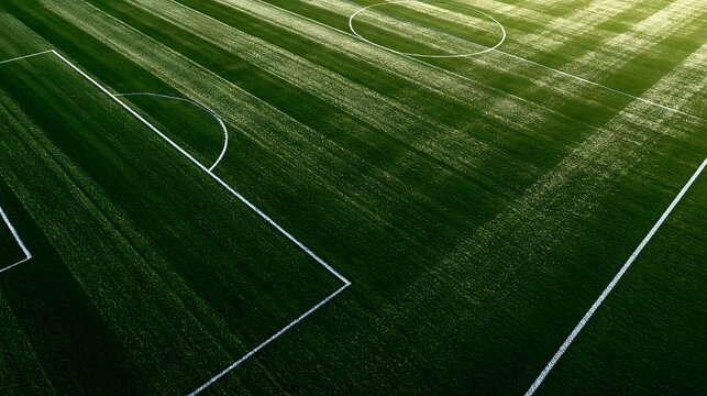 green soccer field with white lines at sunset