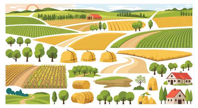 Comprehensive collection of agricultural landscape elements including fields haystacks trees and farm houses for rural design.