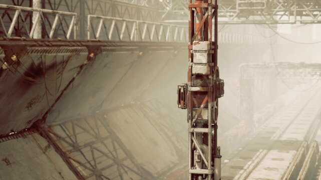 Rusting drydock interior with curved hull panels, scaffolding column, rivets and textured steel, dusty light shafts, atmospheric haze, distant city silhouettes