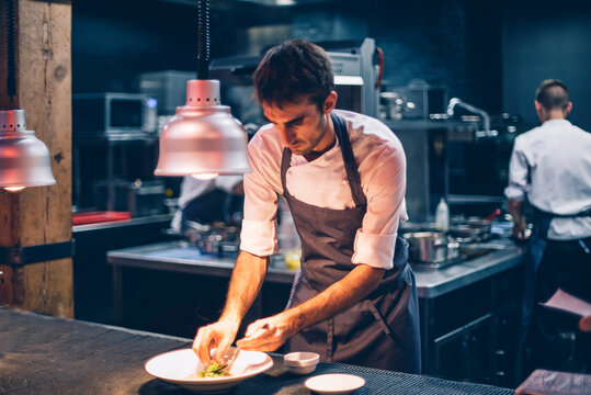 Chef serving food on a plate in the kitchen of a restaurant