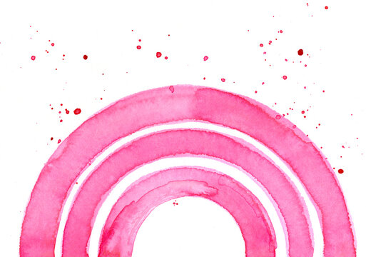 Abstract pink watercolor rainbow with splashes on white background