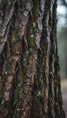 Obraz premium Close-up of wet tree bark with moss, showcasing natural texture and organic patterns, symbolizing nature, growth, and resilience, perfect for environmental or rustic themes.
