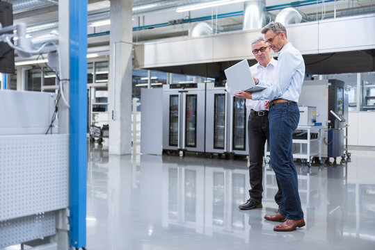 Two managers standing in company using laptop