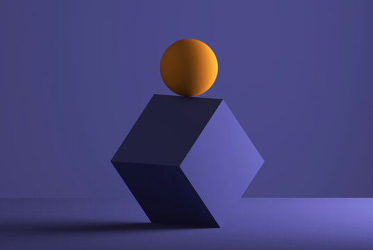 Sphere balancing on the edge of a cube, 3D Rendering