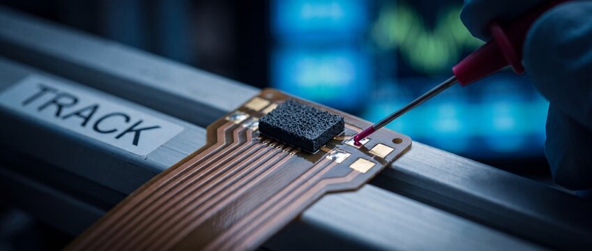 Semiconductor microchip testing probe inspection on flexible circuit board in high-tech electronics manufacturing laboratory for quality control, engineering research and development diagnostics.
