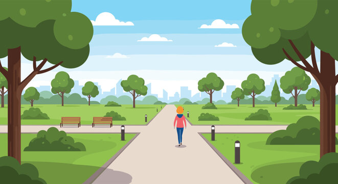 Young woman walks alone down a peaceful path in a lush green city park surrounded by trees, benches, and a distant urban skyline.