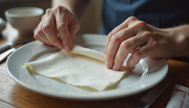 Man folding crepe with concentration on wooden table