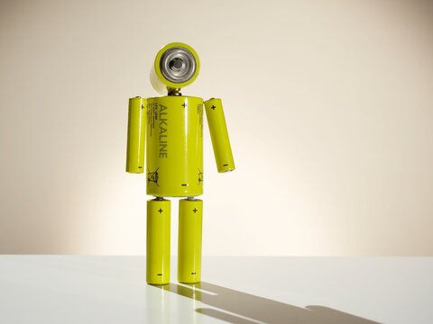 Futuristic robot figure built from yellow alkaline batteries