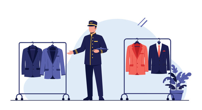 Professional hotel bellhop stands between two clothing racks displaying various formal suits and jackets in a bright lobby.