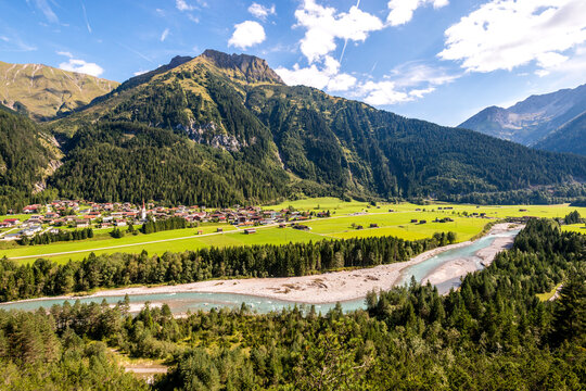 Scenic view of a village and Lech river in the Tyrolean Alps